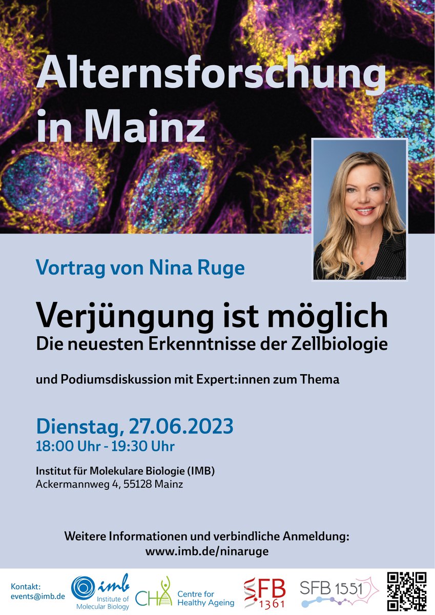 Wir freuen uns auf den öffentlichen Vortrag von Nina Ruge sowie anschließender Diskussion mit Forschenden des IMB und der <a href="/uni_mainz/">Universität Mainz</a>
am Dienstag, 27. Juni. 

Wir bitten um vorherige Anmeldung, da die Teilnahme begrenzt ist.  

➡️ imb.de/ninaruge 
#Altern #ageing