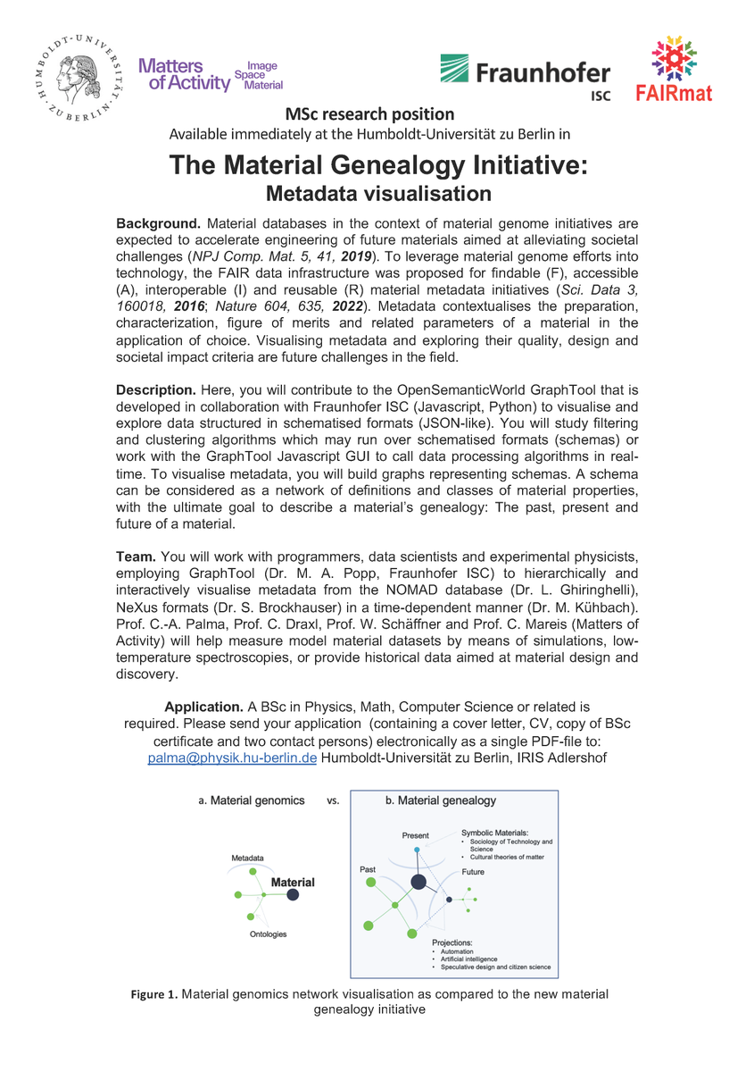 FAIRmat_NFDI's tweet photo. ๐จ#MScposition alert!
@palmalab_ @HumboldtUni in #Berlin is looking for a new team member to contribute to the OpenSemanticWorld GraphTool ๐ค
A great opportunity to work at the intersection of #datascience and experimental #physics โ and you even get to work with #FAIRmat! https://t.co/zQOexyNTWO