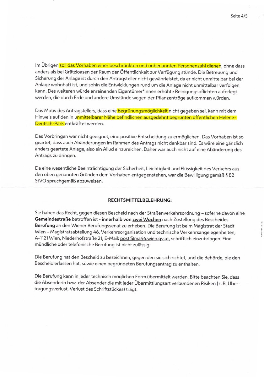 Nach 20 Monaten Bescheid erhalten, warum ich keine Hochbeete in Parkspur (9., Sobieskigasse) stellen darf:
– Zu nah an d Radspur 
– Stau am Gehsteig
– Palettenbeet verdreckt Boden
– 100m entfernt ist eh ein Park
Klimafreundliche, unbürokratische Nutzung der Parkspur. Un-denk-bar!