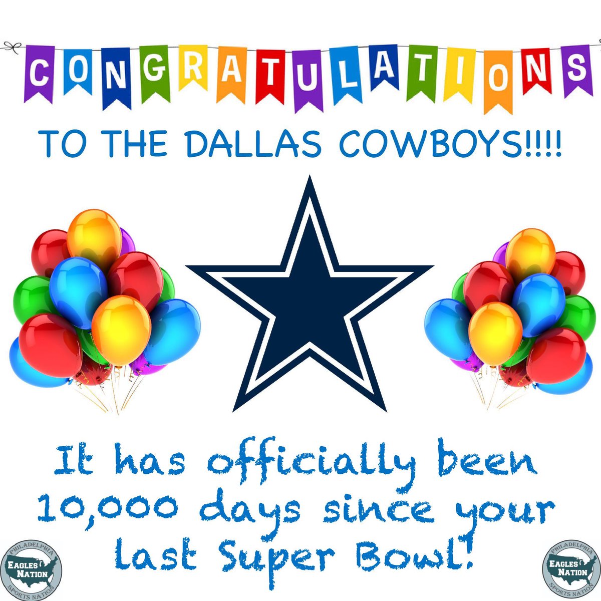 CONGRATULATIONS TO THE DALLAS COWBOYS ON OFFICIALLY ACHIEVING 10,000 DAYS WITHOUT A SUPER BOWL! 

27 YEARS, 4 MONTHS, 17 DAYS!

Since then:
• 5-12 Playoff Record
• 15 Non-Playoff Seasons
• 7 First Rd Exits
• 0 Div. Rd Victories
• 0 NFC Champ. Berths
• 0 NFC Champ.
• 0 SB’s