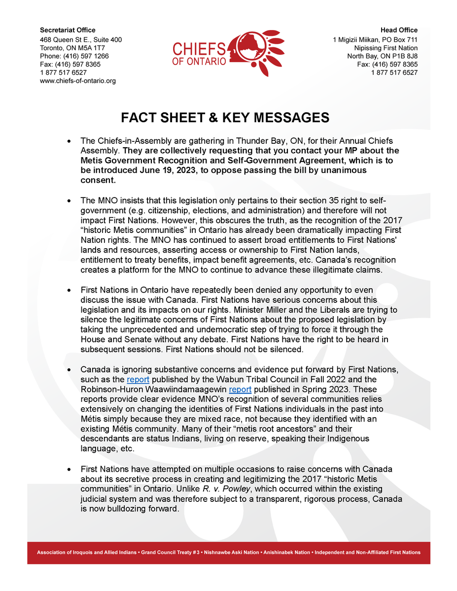 The Chiefs-in-Assembly are urging that you contact your MP, opposition representatives, and Senators about the Metis Government Recognition and Self-Government Agreement, which is expected to be introduced June 19, 2023, to oppose passing the bill by unanimous consent.