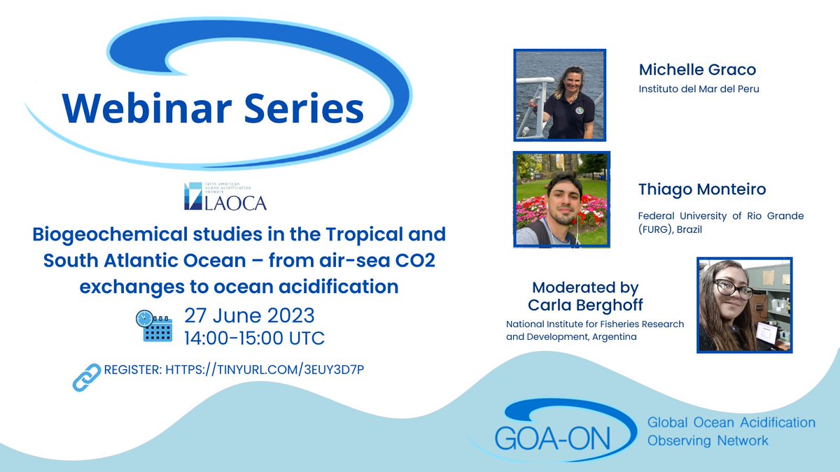 📢Mark your calendars for the June GOA-ON Webinar, co-hosted by LAOCA, the Latin American Ocean Acidification Network, on 27 June from 2-3pm UTC! 
Register ➡️ tinyurl.com/3euy3d7p