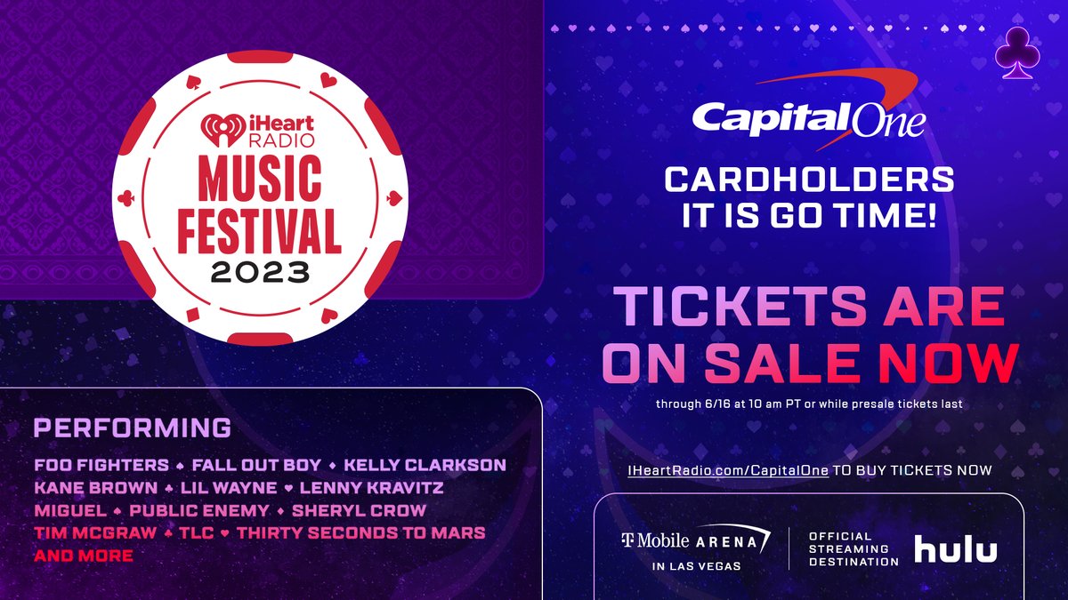HAPPENING RIGHT NOW! 🚨

@CapitalOne cardholders can secure their tickets to our #iHeartFestival with the exclusive pre-sale!

Buy here: iHeartRadio.com/CapitalOne