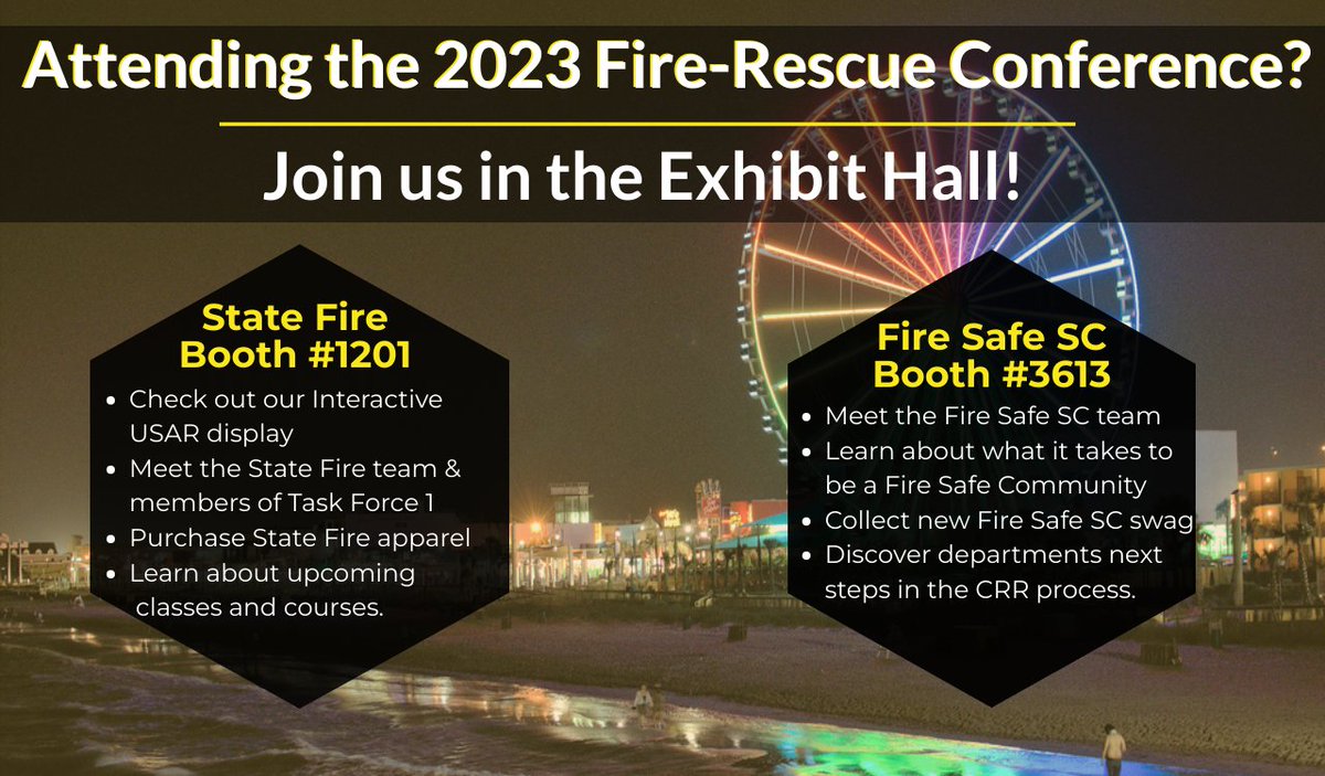 FireSafeSC's tweet image. Are you heading to Myrtle Beach this week for the 2023 South Carolina Fire-Rescue Conference? 
Join State Fire and Fire Safe South Carolina in the Exhibit hall June 15-17! 

MORE: scsfaevents.org/fire-rescue/

#FireSafeSC #SCStateFire