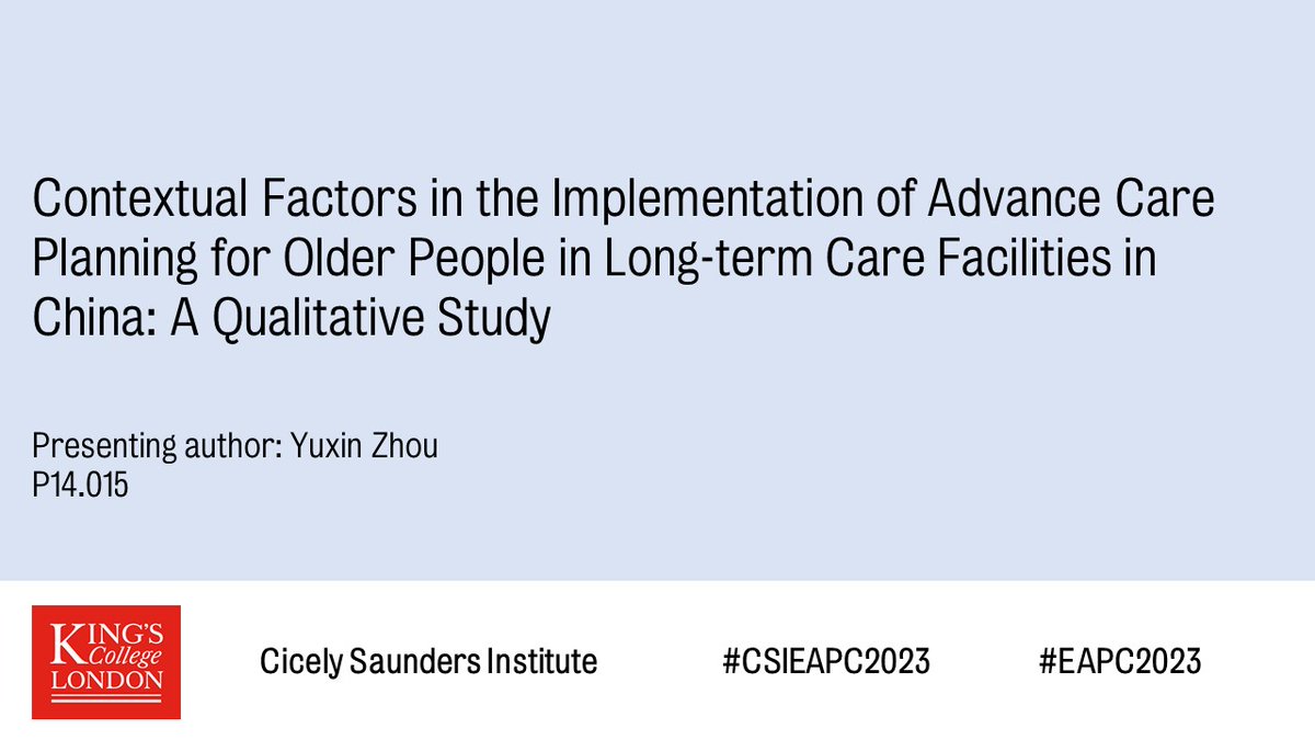 Cicely Saunders Institute at King's (@csi_kcl) on Twitter photo Please check out @Yuxinzhou15 poster on potential facilitators and barriers to ACP implementation in long-term care facilities in mainland China <a href="/ClareEllisSmith/">Clare Ellis-Smith</a> <a href="/DEBraybrook/">Debbie Braybrook (she/her)</a> <a href="/RHardingCSI/">RichardHarding</a> Please check out @Yuxinzhou15 poster on potential facilitators and barriers to ACP implementation in long-term care facilities in mainland China <a href="/ClareEllisSmith/">Clare Ellis-Smith</a> <a href="/DEBraybrook/">Debbie Braybrook (she/her)</a> <a href="/RHardingCSI/">RichardHarding</a>
