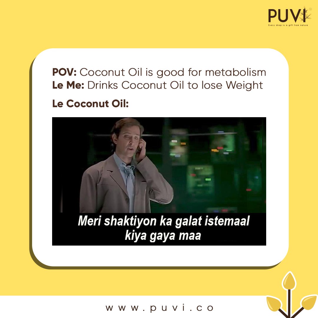 No matter how good it is for #metabolism, it is never a good idea to consume #Coconutoil beyond your dietary requirements. Follow moderation, and consume coconut oil as part of a #balanceddiet to gain the optimum benefits of the oil.
#Puvioils #coldpressedoils https://t.co/dobZPJc0wW