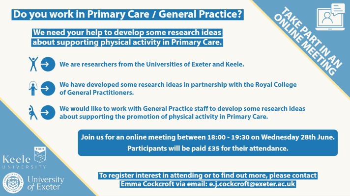 Are you a GP practice manager / GP / nurse/ first contact physio / social prescriber etc? we would like to discuss  a research proposal with you.  

Wednesday 28th 18:00-19:30 - online