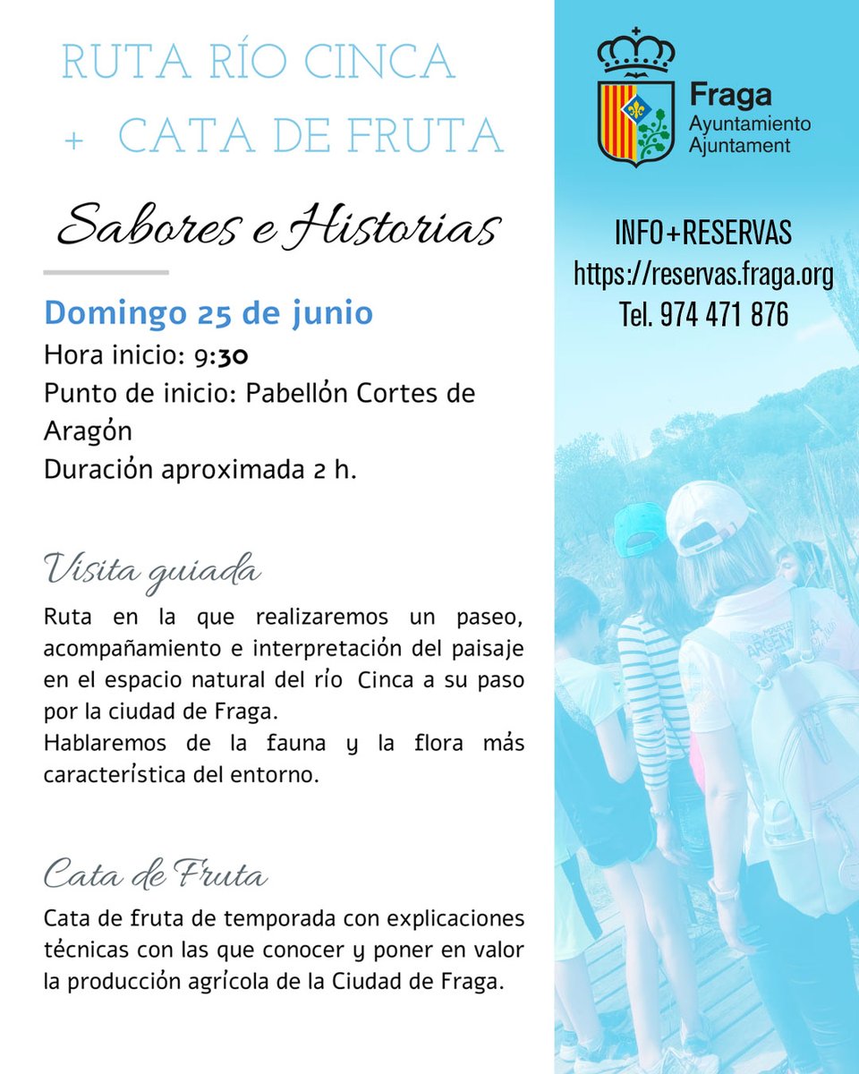 🍑 Río Cinca, flora y fauna + cata de fruta serán los protagonistas de 'Sabores e Historias' del mes de #Junio Mañana 📅 viernes 16, se abrirán las inscripciones a través del portal de reservas municipal 👇 reservas.fraga.org #Fraga #Turismo #Rutas