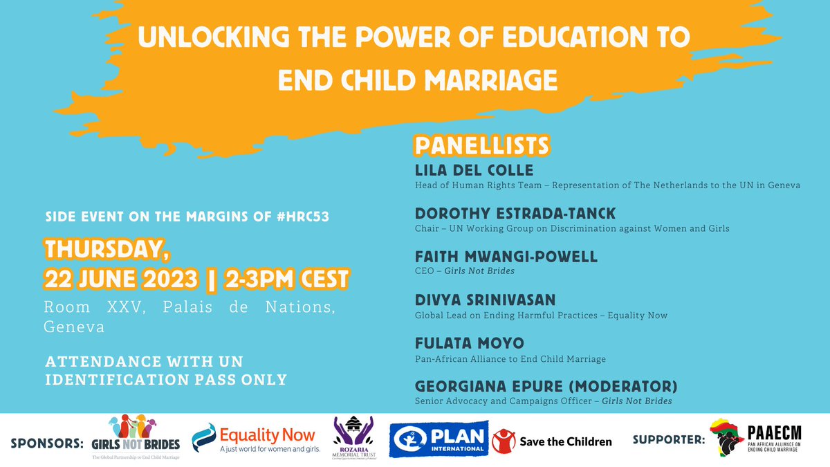 Work to #EndChildMarriage and keep girls in school needs to be holistic, intersectional and gender-transformative. Our #HRC53 side event, co-hosted with @equalitynow & partners will delve more into this subject. Join us in Geneva, next week, if you're at the HRC.