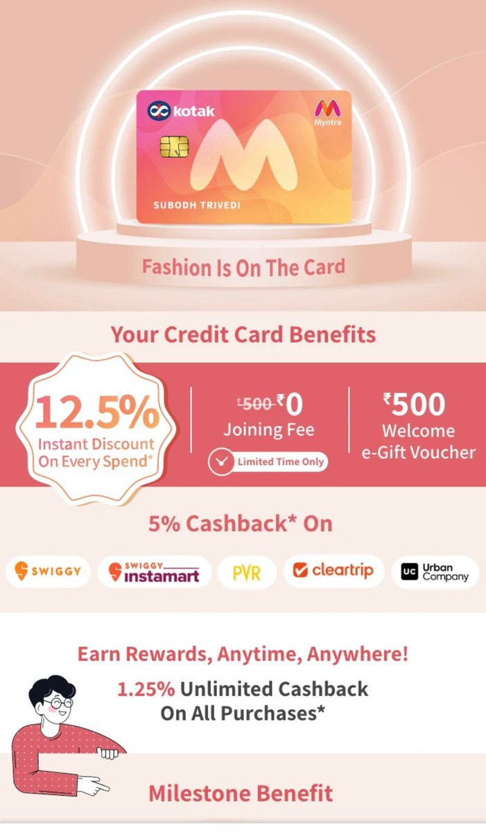 Wow really good to see 5% Cashback on Swiggy and many more ❤️
#MyntraKotakCreditCard