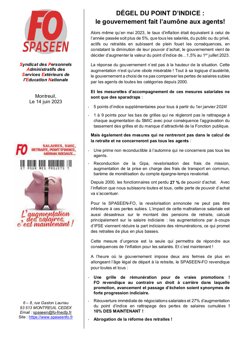 Dégel du point d'indice:
le gouvernement fait l'aumône aux agents !