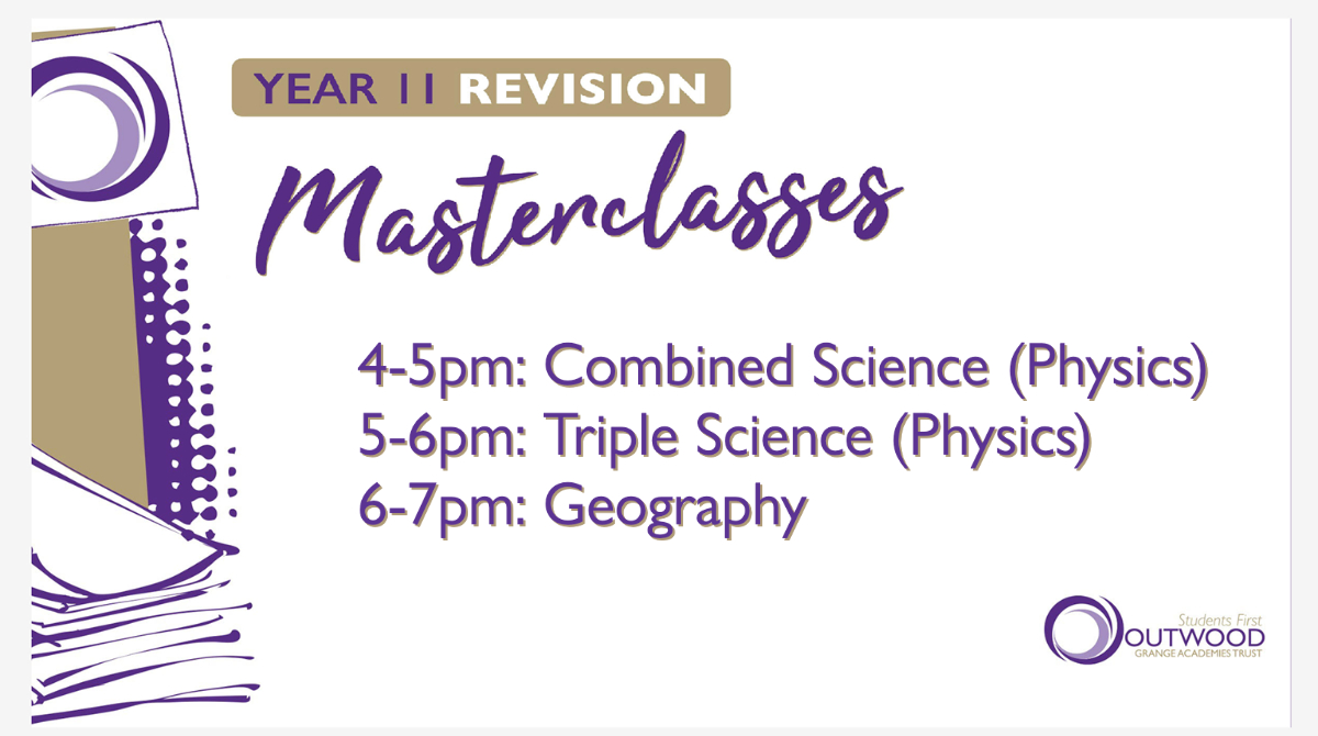 ⏳ TONIGHT! ⏳

Year 11 GCSE Revision Masterclasses! 💜

💻 Hour-long webinars
☑️ Led by expert subject Directors

Check out the full timetable for the week ahead here:
🖱️ outwood.com/revision-maste…

#OutwoodFamily💜