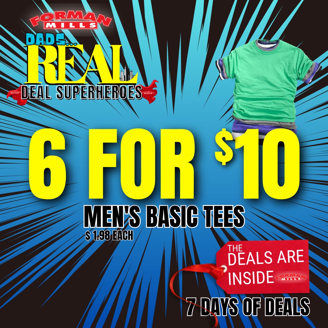 Formanmills1's tweet image. 6 for $10 Deals For #Dad...
"The Deals Are Inside..."
_________________________

Father's Day is Sunday, June 18th!
_________________________
#tshirts #basictees #fordad #gifts #fathersdaydeals #DealsforDad #fathersday #fathersdaygifts #giftsfordad #superhero #auto  #formanmills