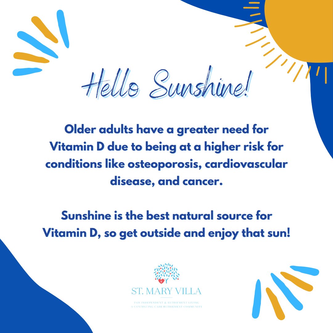 Vitamin D is essential for keeping seniors in good health, maintaining strong bones, and reducing inflammation. Plus, the natural feel-good hormones triggered by vitamin D can reduce the risk of depression. So grab your sunscreen and soak up the sun!

#VitaminD #SeniorHealth