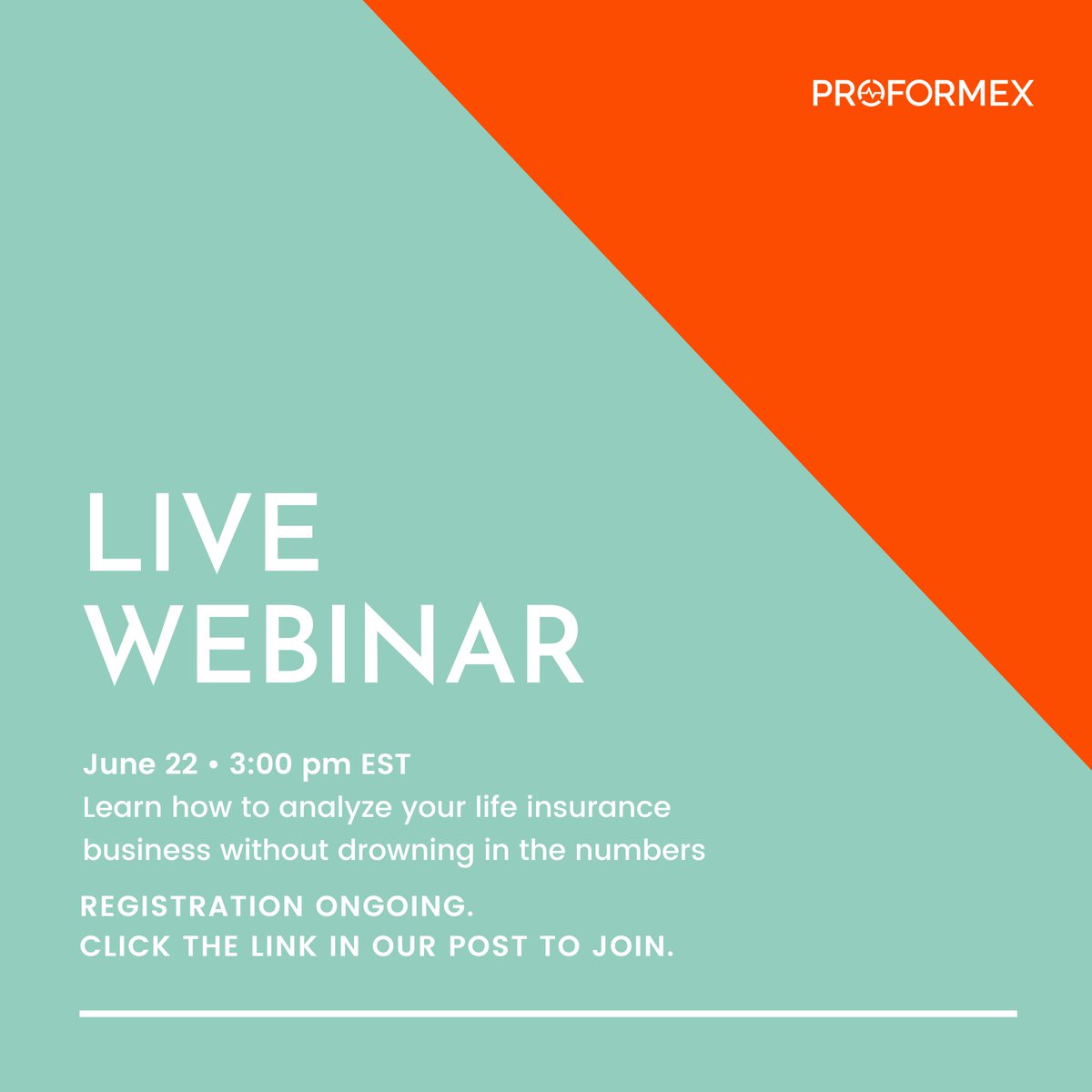 Proformex's tweet photo. One week from today! 💥

Join us for a conversation about how you can easily glean insights from your life insurance business that facilitate mutually beneficial outcomes for you and your clients.

Register here: https://t.co/l6WTxvSYAA

#lifeinsurance #insurtech #livewebinar https://t.co/HIZL3YJEOb