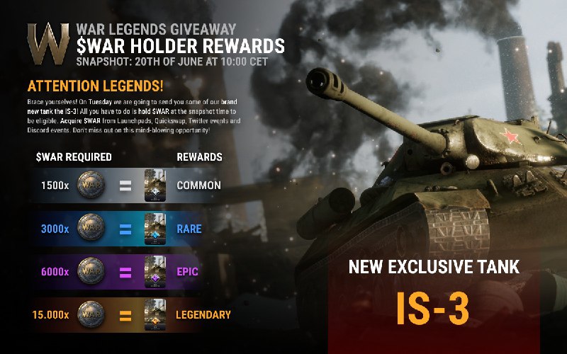 Hey frens, 👀 @warlegendsco IDO still continue, and War Legends decided to reward $WAR HOLDERS MORE! 1500 $WAR = 1 Common NFT 3000 $WAR = 1 Rare NFT 6000 $WAR = 1 Epic NFT 15000 $WAR = 1 Legendary NFT TGE: June 23, 5PM UTC on Quickswap Join the IDO👇 babylons.io/collection/56/…