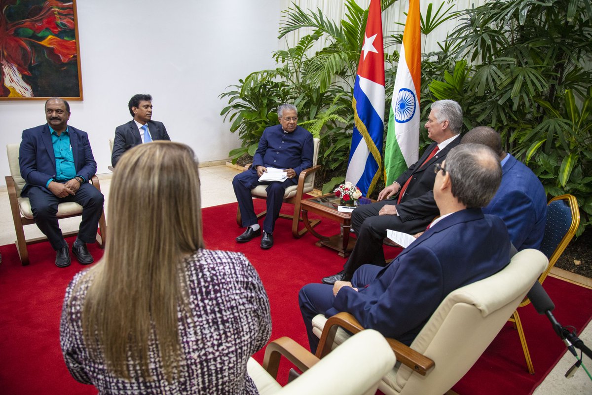 Sostuve encuentro con el jefe de Gobierno del Estado indio de Kerala, <a href="/pinarayivijayan/">Pinarayi Vijayan</a>.

Resaltamos excelente estado de las relaciones entre la India y #Cuba. Manifestamos la voluntad de continuar fortaleciendo la cooperación bilateral en diferentes áreas de interés común.