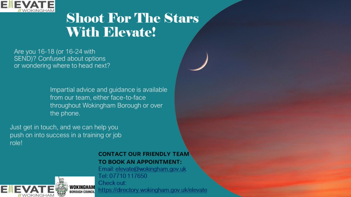 ElevateHub's tweet photo. Elevate can help you shoot for the stars on your chosen career path! We are an employment support service for young people in Wokingham, and all of our services are available for absolutely free! Interested in giving us a try? Just get in touch! https://t.co/xfkNNUqoPM