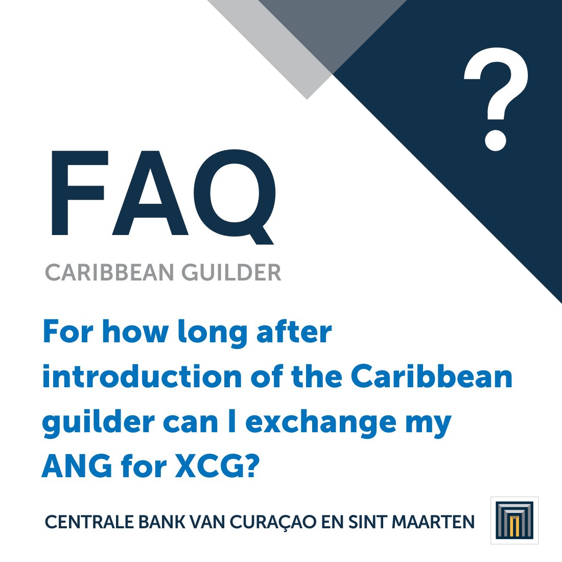 Exchanges can be made at the commercial banks for 12 months after introduction of the Caribbean guilder. After these 12 months, ANG can still be exchanged at the CBCS for up to 30 years after the introduction date.

More FAQ's: https://t.co/x9vkpWt9VG

#curacao #sintmaarten #xcg https://t.co/T6fs6YeIgS