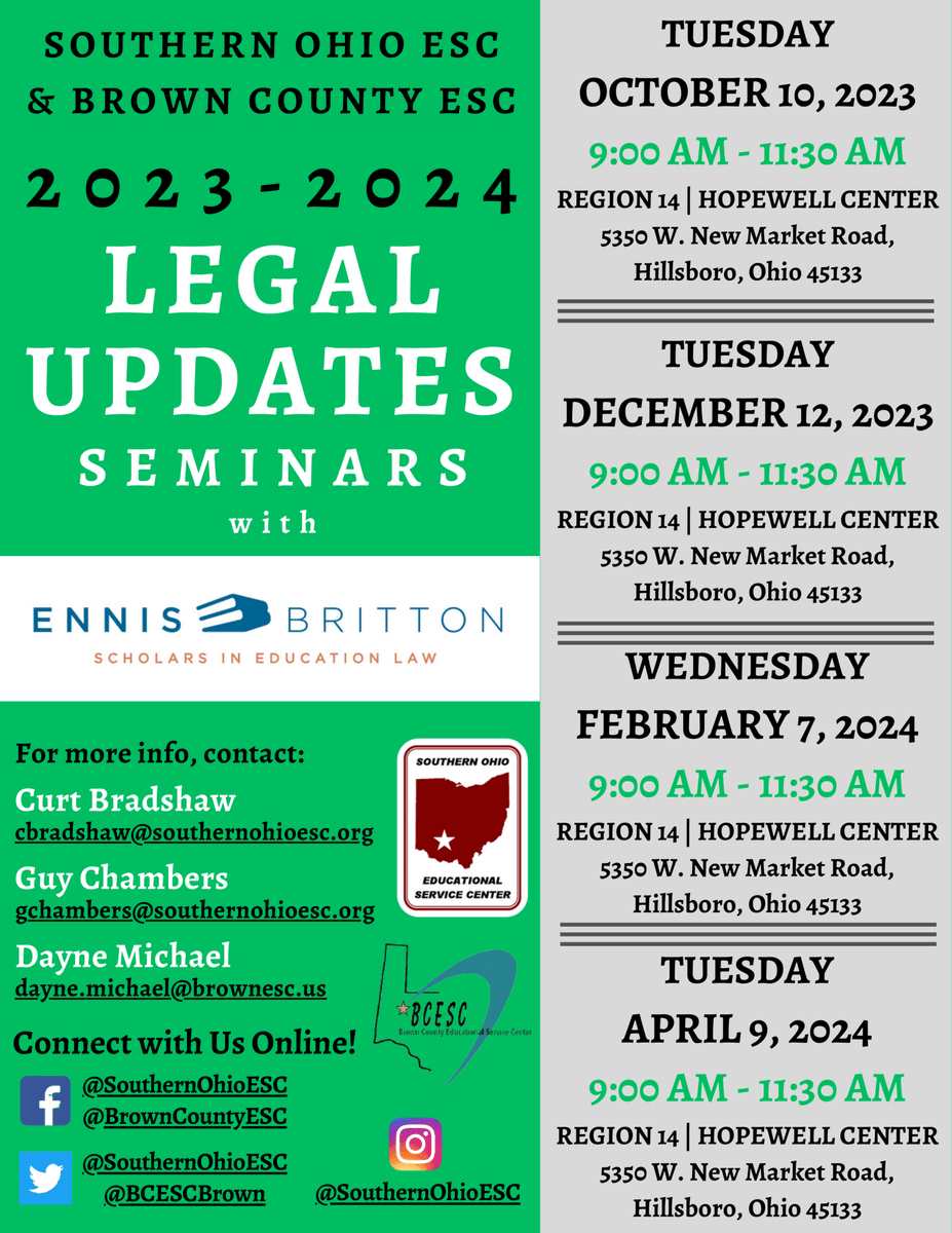 SouthernOhioESC's tweet photo. Southern Ohio ESC in collaboration with @BCESCbrown and Ennis Britton: Scholars in Education Law would like to share the dates for the 2023/24 Legal Updates Seminars for School Administrators!
#LegalUpdates #202324 #SOESC #BCESC https://t.co/xcfHpImRXM