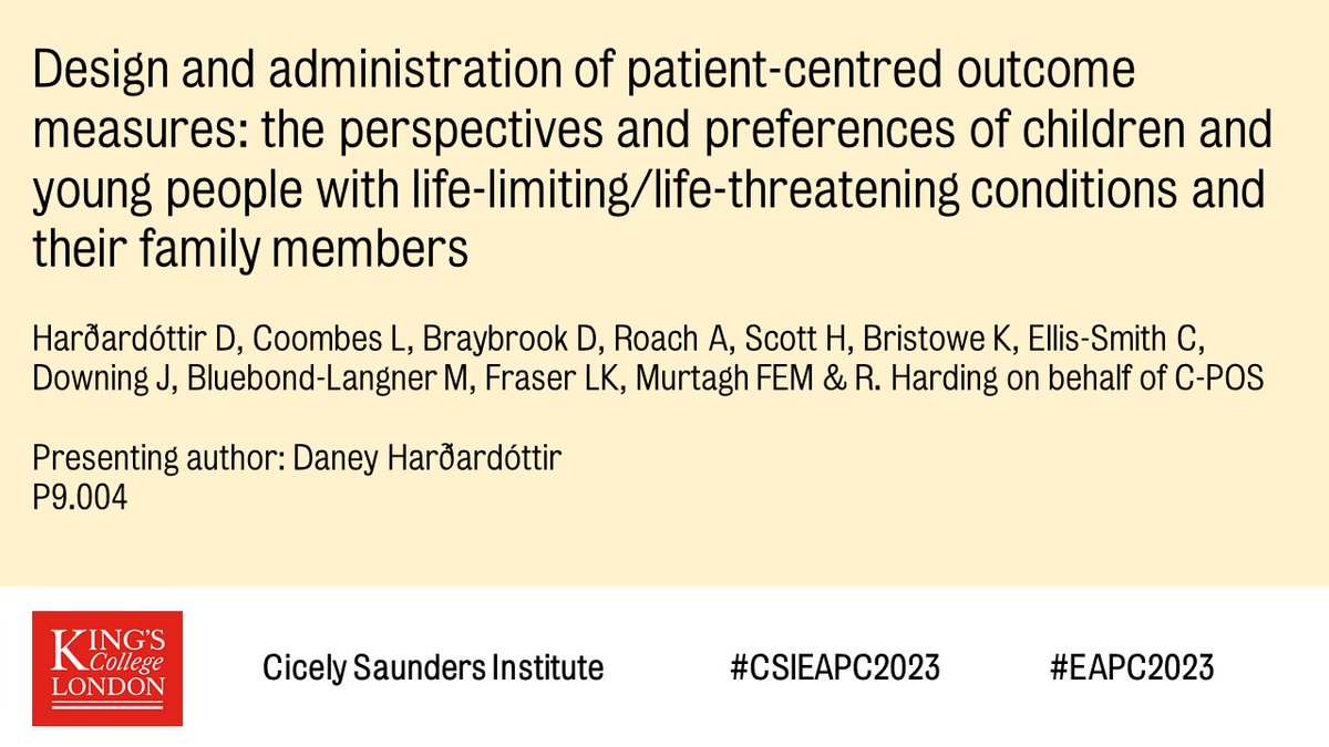 Cicely Saunders Institute at King's (@csi_kcl) on Twitter photo If you're at #EAPC2023 check out <a href="/DaneyHardar/">Daney Harðardóttir</a> congress poster on the design and administration of the Children's Palliative Outcome Scale <a href="/CYP_CSI/">CYP Research in Palliative Care</a> <a href="/RHardingCSI/">RichardHarding</a> @LucyCoombes7 et al #CSIEAPC2023 If you're at #EAPC2023 check out <a href="/DaneyHardar/">Daney Harðardóttir</a> congress poster on the design and administration of the Children's Palliative Outcome Scale <a href="/CYP_CSI/">CYP Research in Palliative Care</a> <a href="/RHardingCSI/">RichardHarding</a> @LucyCoombes7 et al #CSIEAPC2023