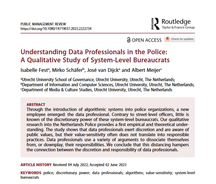 So glad to see this finally published. Isabelle Fest from Police Lab <a href="/UniUtrecht/">Utrecht University</a> -who conducts ethnographic fieldwork within Dutch National Police- maps how data professionals in the police force grapple w. ethics, professional integrity &amp; conduct. 

OA: tandfonline.com/doi/full/10.10…