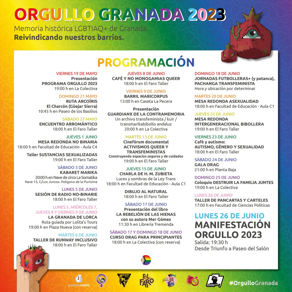 La manifestación del #OrgulloGranada2023 es el lunes 26 de junio, en honor al primer #Orgullo celebrado en territorio español, en 1977 (Barcelona). Una manifestación crítica y combativa que no se vende.