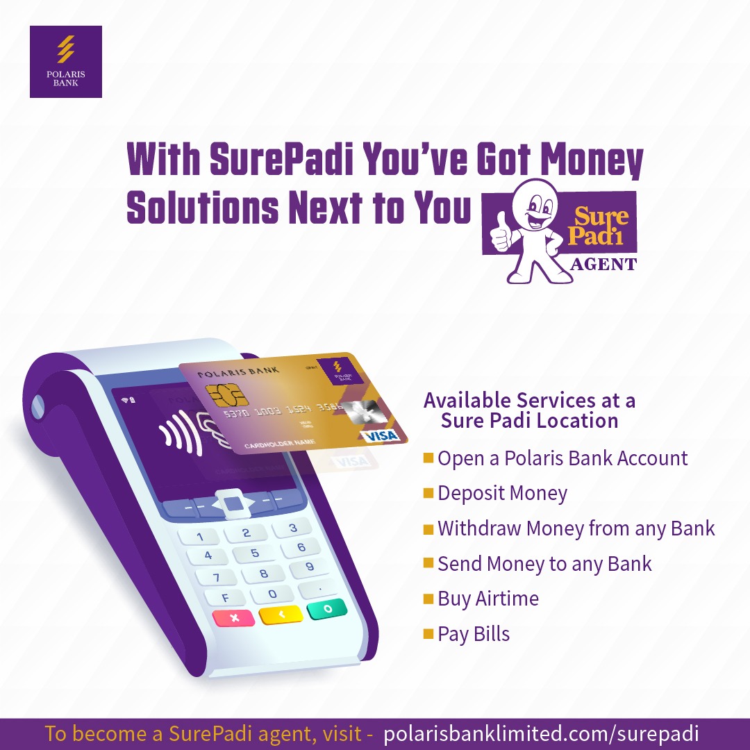 PolarisBankLtd's tweet image. Avoid cash stress with our SurePadi agents.

With our SurePadi agents, you can withdraw or deposit money, pay bills, or even open an account.

To get started, visit the nearest SurePadi agent to you 😎   

#SurePadi #AgencyBanking #MoneySolutions