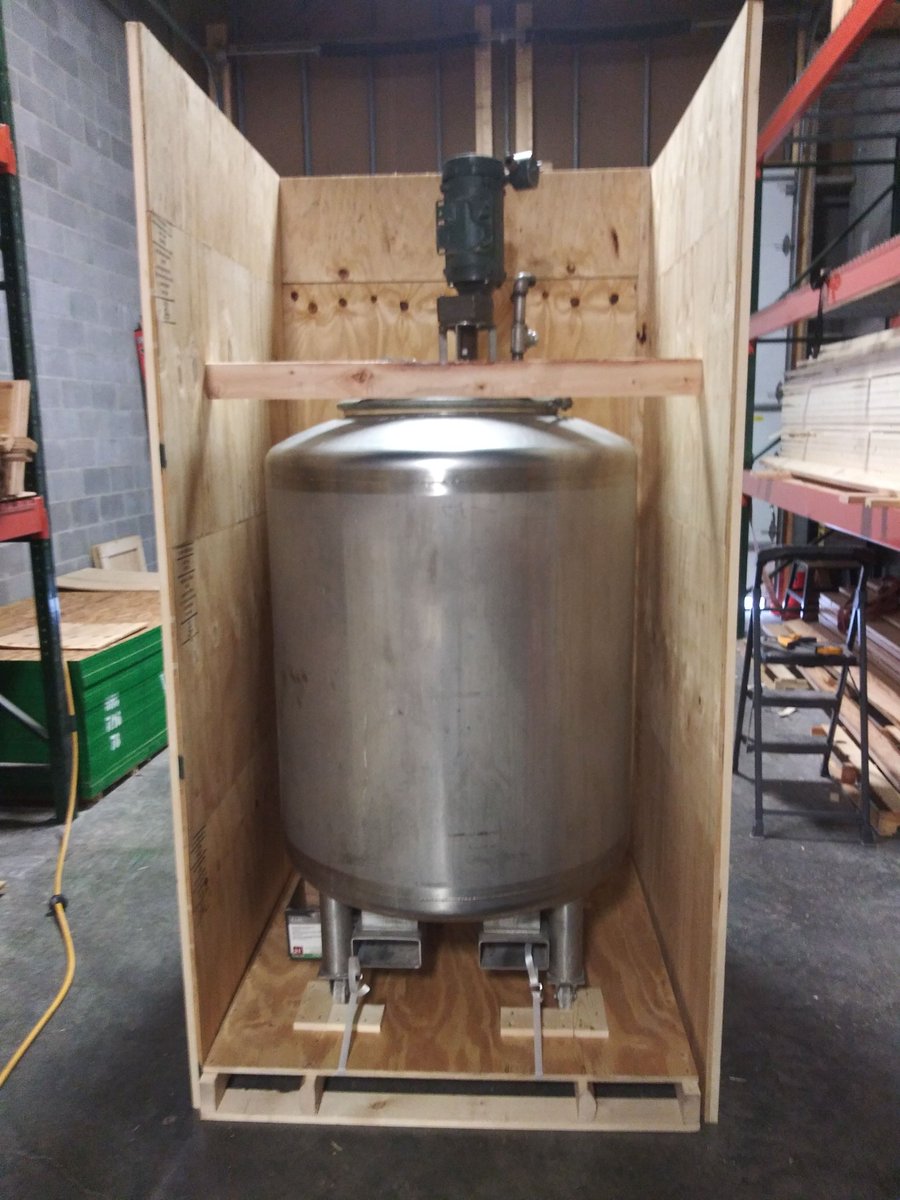 Here is a stainless steel mixing tank sold at a used equipment auction. The blender motor was securely mounted to the tank, so we crated the overall vessel with it in place. This increased the height but saved a lot of time and effort to disassemble the blender attachments. #cf