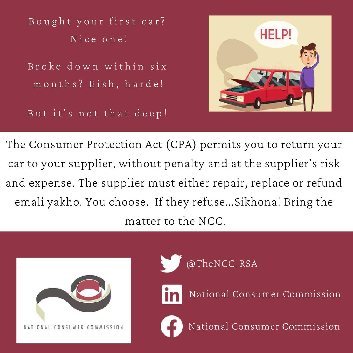 The National Consumer Commission (NCC) (@thencc_rsa) on Twitter photo Has your car broken down within Six months? The CPA permits you to return your car without penalty and at the supplier's risk and expense. The Supplier must either repair or replace the car, or refund your money back. You choose.
<a href="/joeslolo/">Joe Slolo</a> <a href="/margemonic/">Margery Mouton</a> <a href="/PhethoN/">Ke Phetho_ZA🇿🇦</a> Has your car broken down within Six months? The CPA permits you to return your car without penalty and at the supplier's risk and expense. The Supplier must either repair or replace the car, or refund your money back. You choose.
<a href="/joeslolo/">Joe Slolo</a> <a href="/margemonic/">Margery Mouton</a> <a href="/PhethoN/">Ke Phetho_ZA🇿🇦</a>