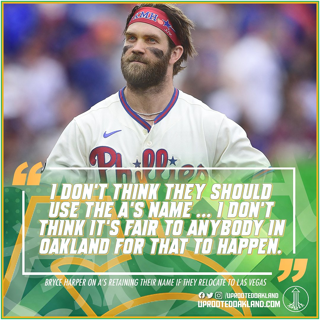 uprootedoakland's tweet photo. "I feel bad for the A's and their fans. They're so rooted in Oakland. Those fans bleed green...Do I believe they should leave Oakland?...No."

Las Vegas native Bryce Harper wants baseball on the strip, but not at the cost of uprooting the Oakland A's.

#Athletics #RootedInOakland https://t.co/Mfl4lq2tZC