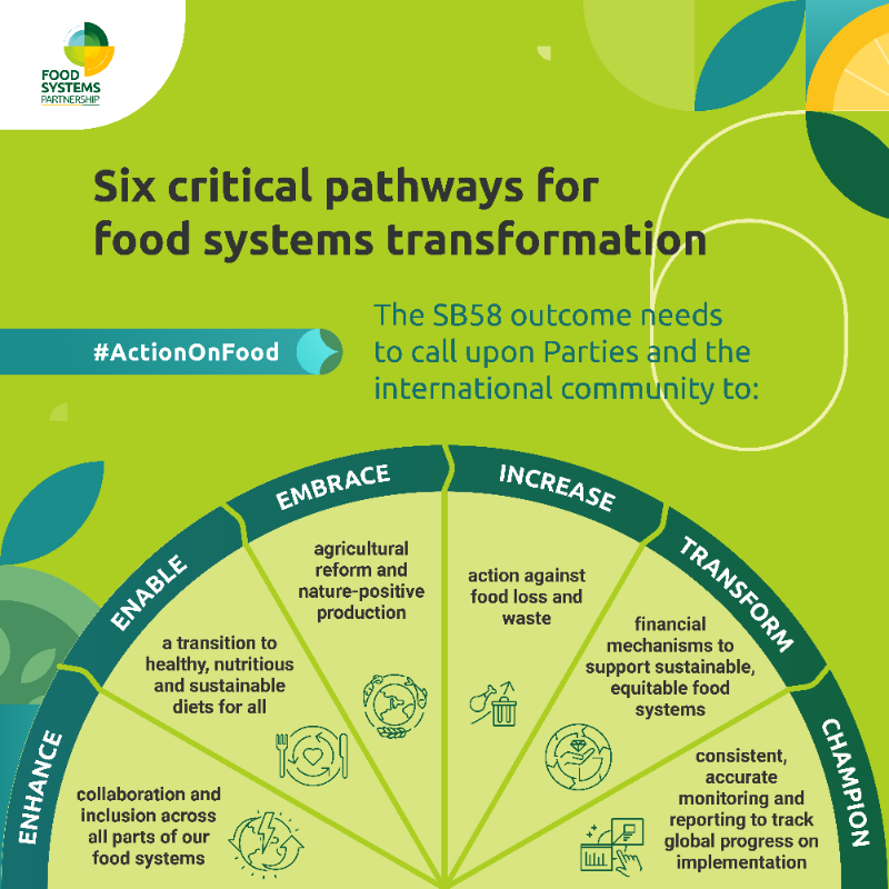 ActionOnFood's tweet photo. We cannot address the global climate crisis without transitioning our food systems. 🌍🧑‍🌾🤝  

Food must be high on the agenda at #COP28 + beyond. 

We need ambition and we need #ActionOnFood. Find out more in our Pathways Report 👇