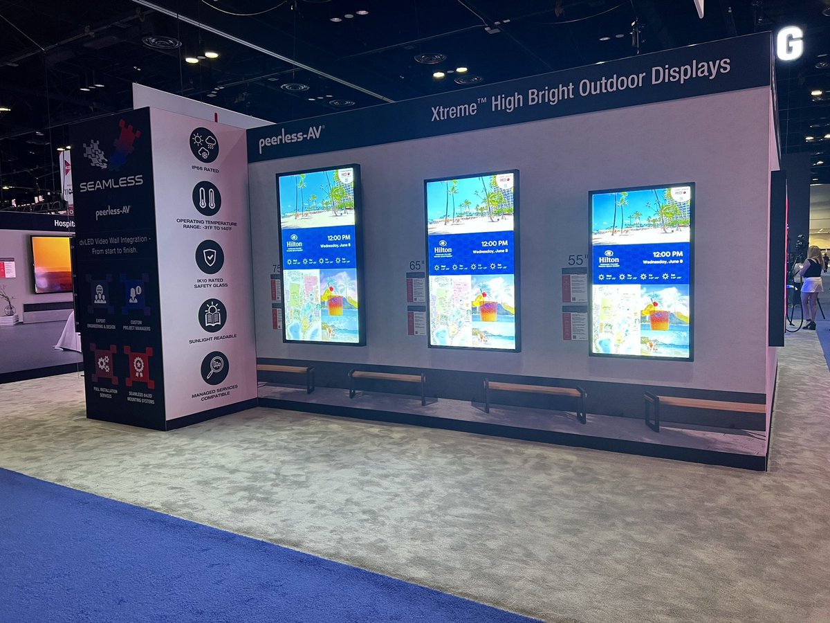 PeerlessAV's tweet photo. The exhibit hall for day 2 of #InfoComm23 is now open! 🎉
 
We’re in booth 1329, where you’ll see a variety of #digitalsignage solutions firsthand, such as Xtreme™ High Bright Outdoor Displays, Smart City Kiosks, SEAMLESS Kitted and Bespoke models, and more!
 #AVTweeps https://t.co/jMUREuBAPh
