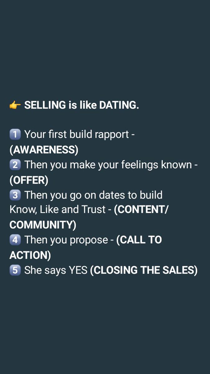 SELLING is like DATING.

#Sales #Selling #SalesProcess #SalesProcessDevelopment #SalesProspecting #SalesFunnels #SalesCampaign
#OnlineSelling #DigitalSelling #DigitalMarketing 
#CoachChurchill
#TheCoachChurchill