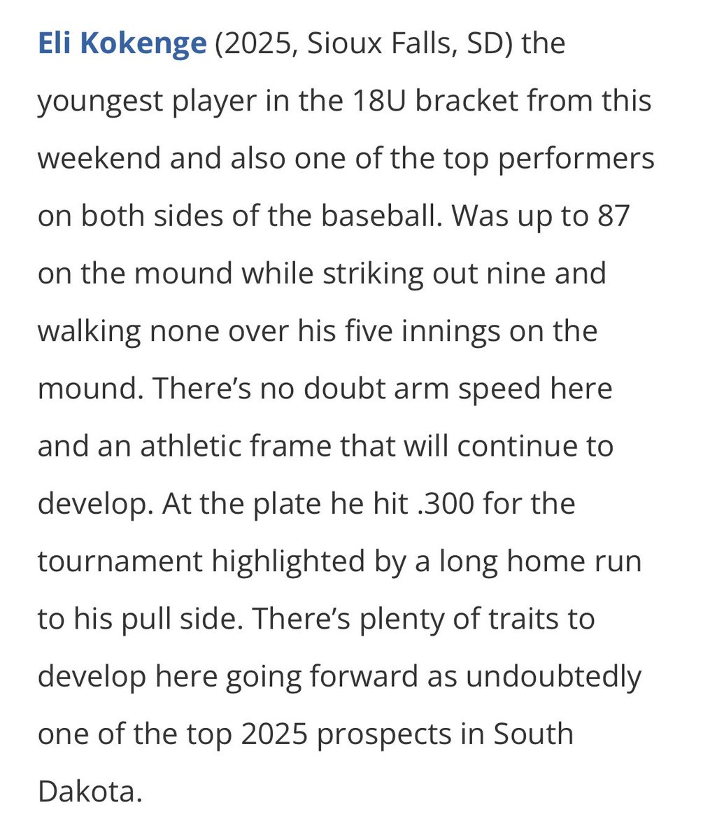 605Spects's tweet photo. Great tourney performance at @PGMidwestBB #KCInvite by
β24 OF/RHP @TeiganMunce
β24 SS/RHP @maddux_scherer β24 SS/RHP @JackHenry_24
β25 MIF/RHP @EliKokenge
π these scouting reports! Keep up the great work #605Spects
@BPonbase @RussWohler_PG @PG_Uncommitted @PG_Scouting https://t.co/0OzSQV4Q7J