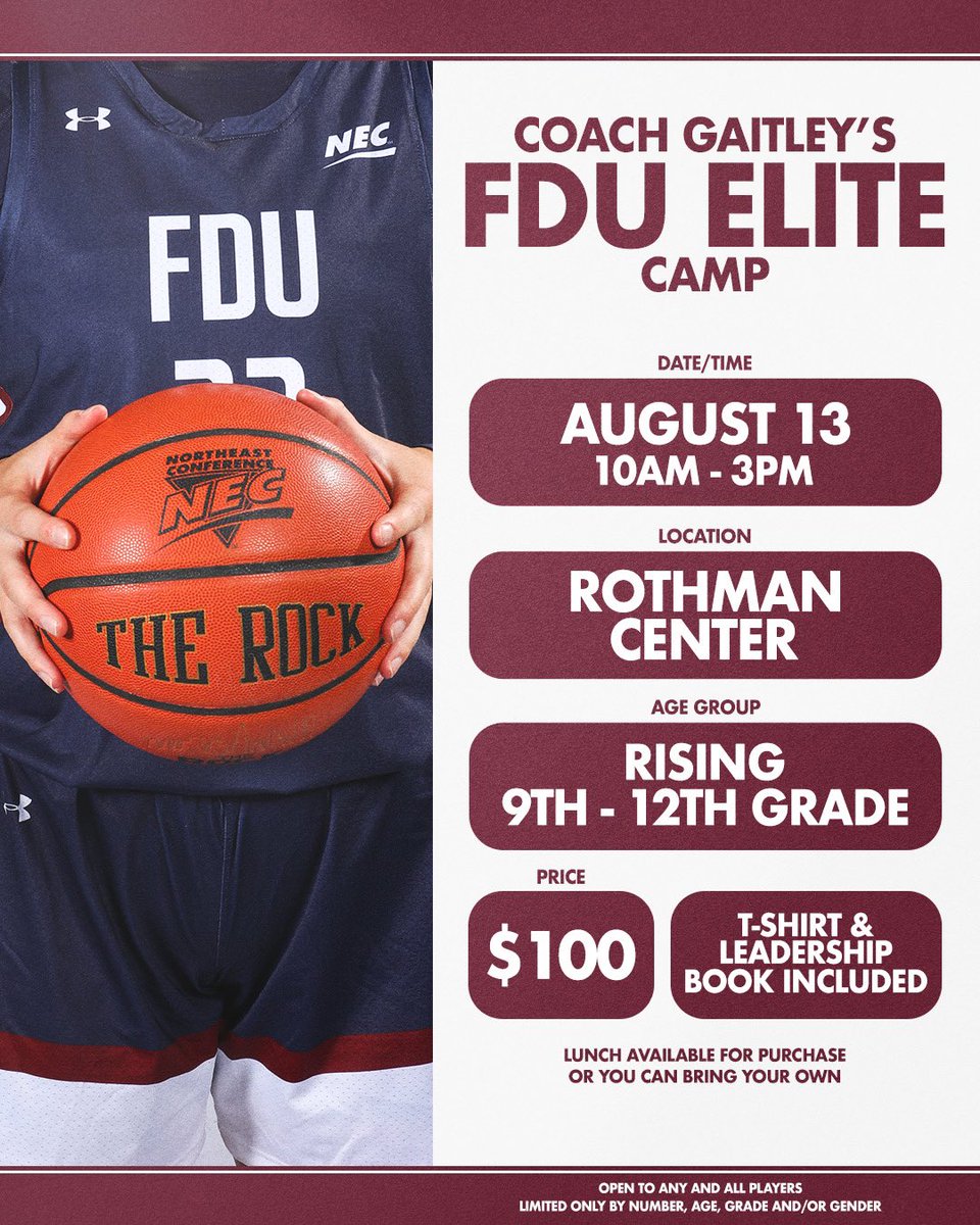 It’s that TIME!! Coach Gaitley’s FDU Elite Camp Registration is officially OPEN!! Make sure to register ASAP to reserve your spot!! 

coachgaitleybasketballcamps.com