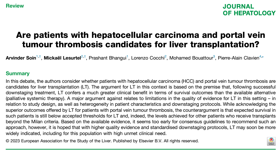 Are patients with #HCC & portal vein tumour thrombosis candidates for #LiverTransplantation?

Read about the arguments for🆚against here in this debate👉bit.ly/42Mrpc6
 
#LiverTwitter