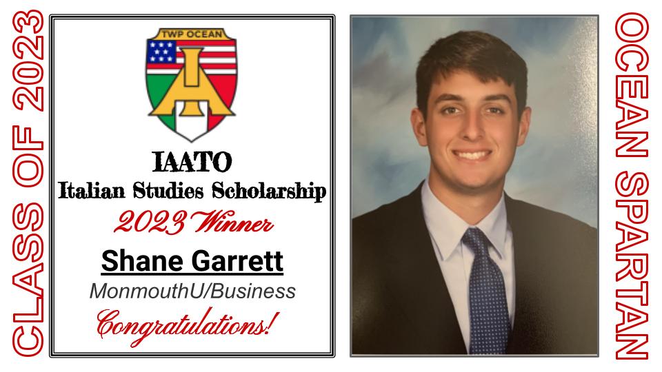 The Italian American Association of the Township of Ocean is proud to announce Shane Garrett as one of the recipients of the IAATO Italian Studies Scholarships!  Congratulations to Shane! #MonmouthU/Business #SpartanLegacy @A_DePasquale48 @MrsDKaszuba @Nmauroedu
📷