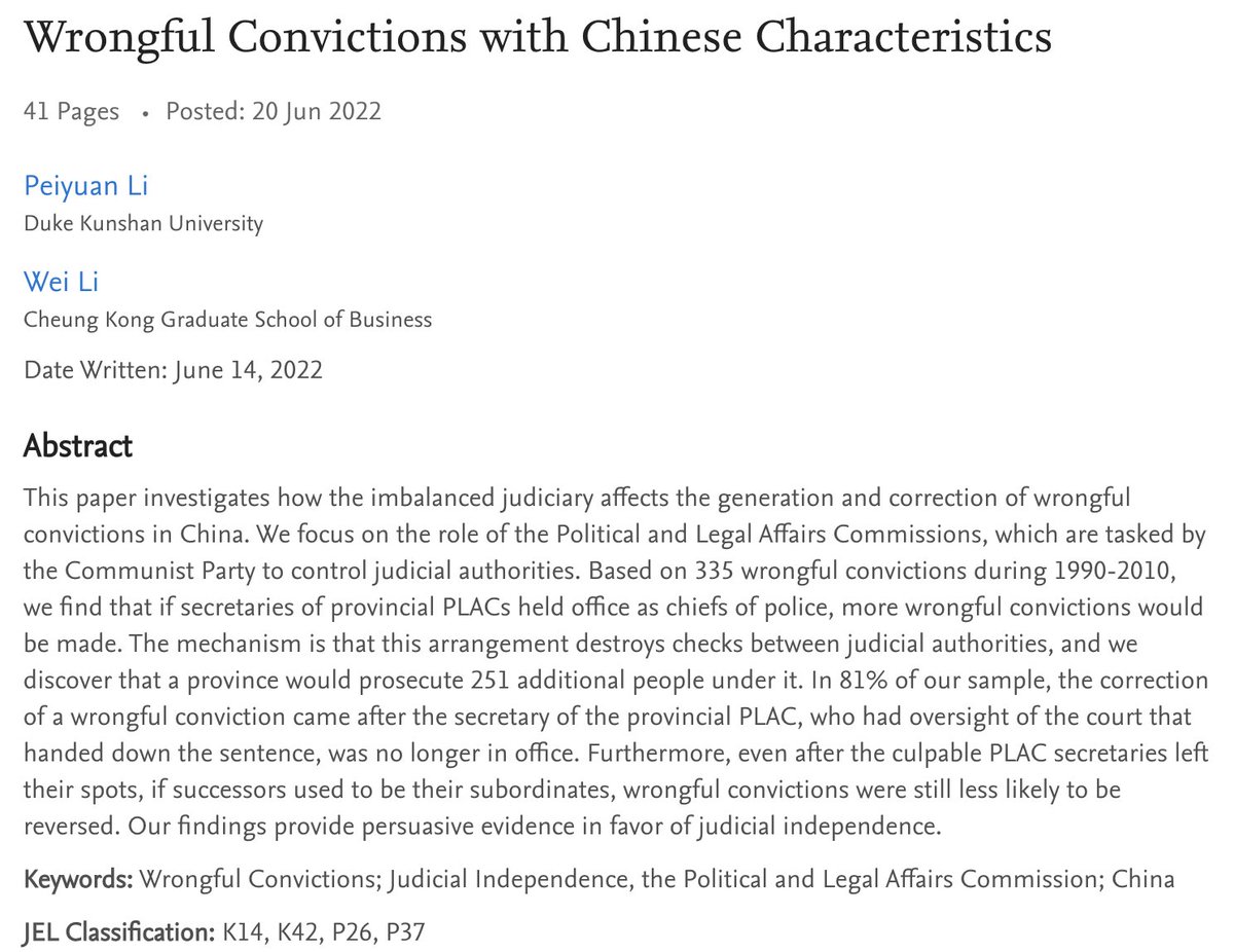 My pre-doc work “Wrongful Convictions with Chinese Characteristics” has been accepted by Economics of Transition. We found: more wrongful convictions would be made in China if secretaries of PLACs (政法委) held office as chiefs of police. papers.ssrn.com/sol3/papers.cf…