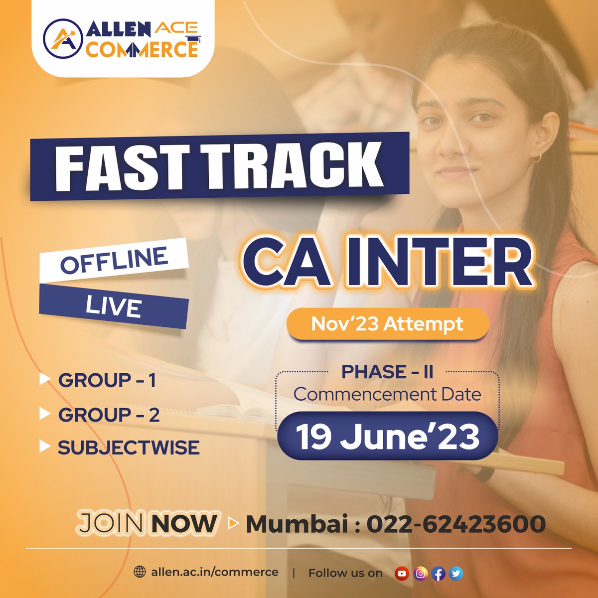🔰 Boost your #CAInter preparation with ALLEN's #FastTrackCourse. We're here to accelerate your learning and increase your chances of success beginning on June 19th. Prepare yourself for thorough coaching, professional direction, and exam-focused tactics.