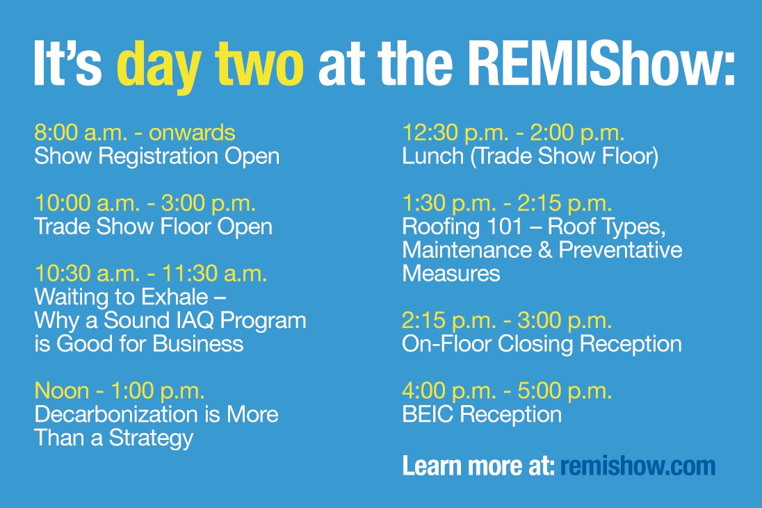Good morning! It’s day two at the 2023 #REMIShow!

#BUILDINGOWNERS
#PROPERTYMANAGERS
#FACILITYMANAGERS
#OPERATIONSMANAGERS
