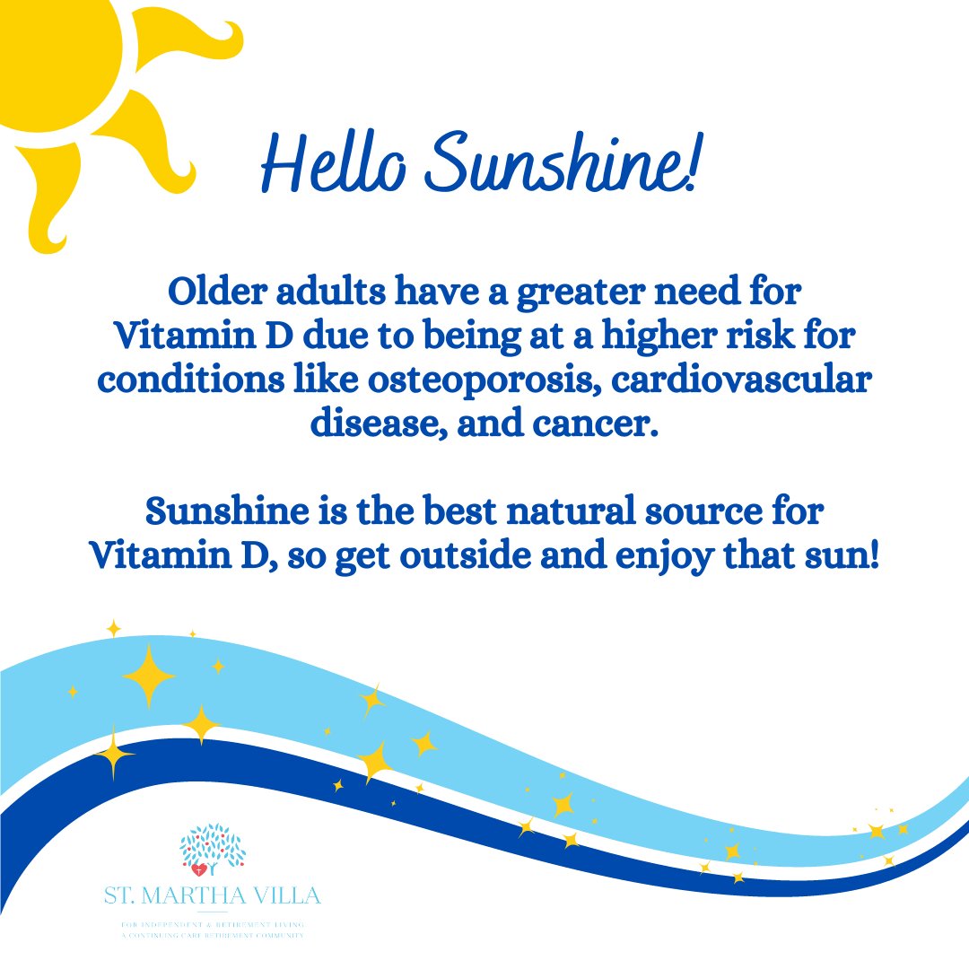 Seniors, shine on! Taking the right amount of vitamin D is a great way to keep your skin healthy, your bones strong, and your immune system in tip-top shape! 

#Sunshine #VitaminD #SeniorHealth