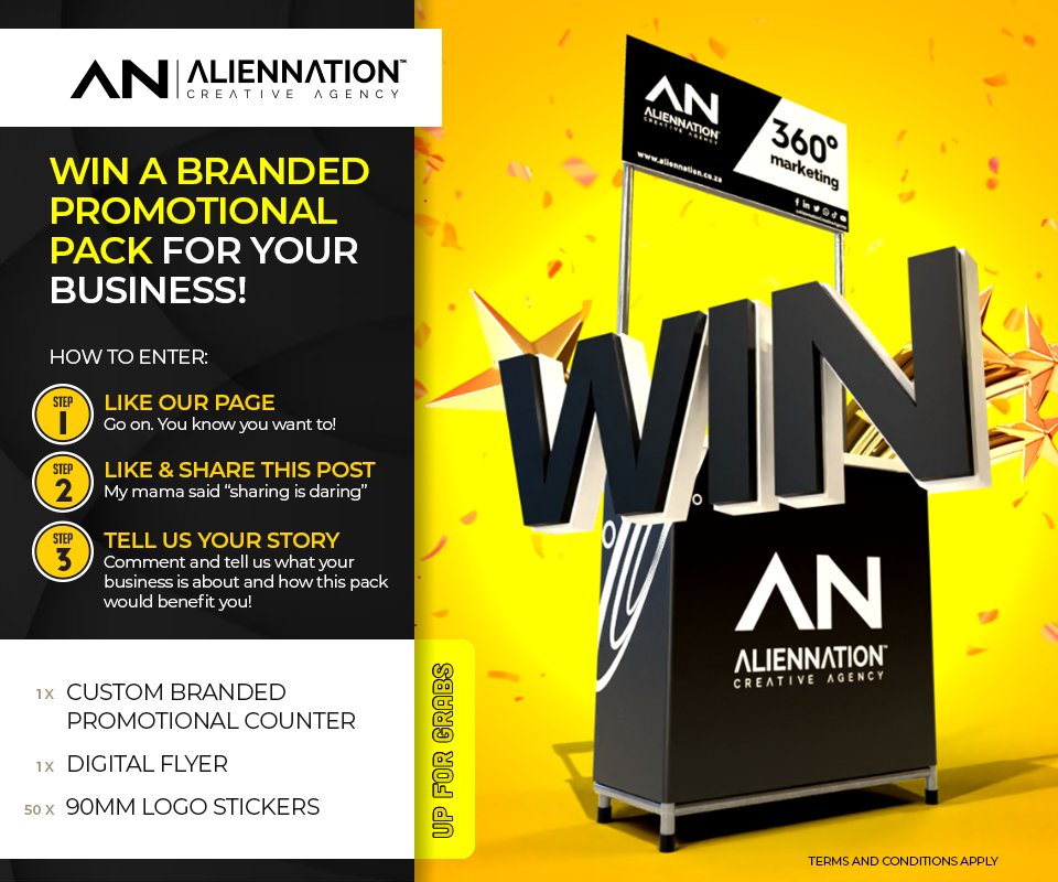 AlienNation_CA's tweet photo. COMPETITION TIME! 

Win a Business Booster Pack! The prize includes a branded promo counter, a digital flyer, and 50 vinyl stickers. To enter, follow, like, and retweet. The competition ends on June 26, 2023. 

Terms: https://t.co/Zb5CY3J9fi 

#AlienNationCreativeAgency https://t.co/ys1BLQsfR8