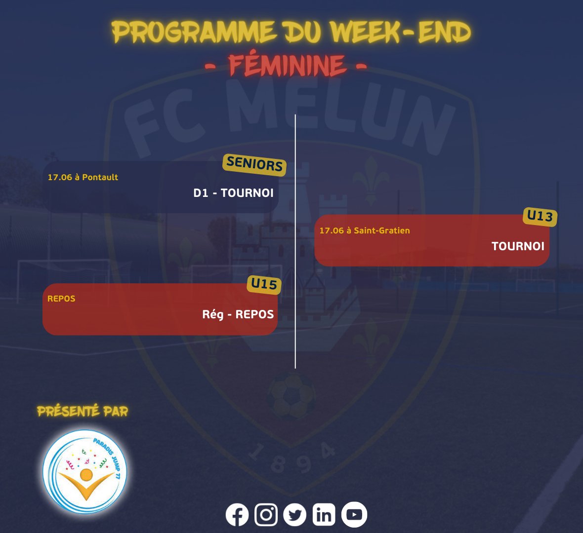 🗓Planning des matchs du week-end 💥

Notre partenaire @paradisjump a le plaisir de vous annoncer le planning des rencontres de cette fin de semaine.

👶Pôle école de foot
👦Pôle pré-formation
🧔‍♂️Pôle formation
👩‍🦰Pôle féminin

Bon week-end à tous !

#TeamFCMelun ❤️💙