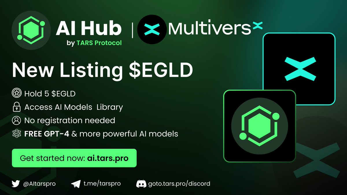murphai_io's tweet photo. 🌌 Big announcement! 🎉

MultiversX ($EGLD) is now listed on 𝐓𝐀𝐑𝐒 𝐀𝐈 𝐇𝐮𝐛!��

@MultiversX @MultiversXToday @MultiversX_NFTs

Hold just 5+ $EGLD tokens and unlock exclusive access to our extensive #AI Models Library.
Immerse yourself in the world of 𝐆𝐏𝐓-4 and more, no registration needed!

Start your AI journey now at 👉https://t.co/sVu0YlehiW with #EGLD !

#AIGC #TARS #Web3