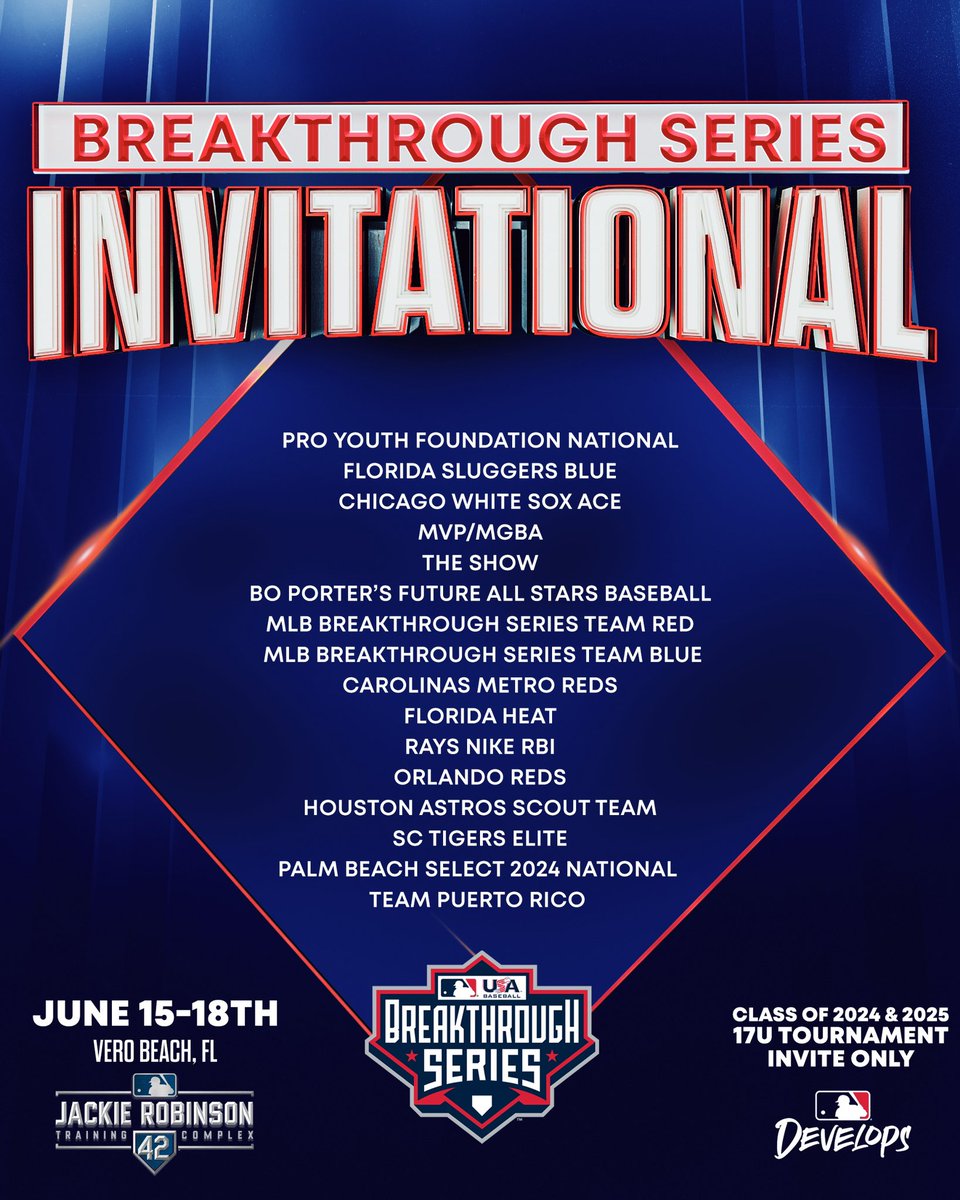 MLBDevelops's tweet photo. The Inaugural Breakthrough Series Invitational 17U Tournament has arrived‼️

16 teams from around the United States &amp; Puerto Rico are ready to compete at @JRTC42 🌴⚾️ https://t.co/Jt3jHU0qtF