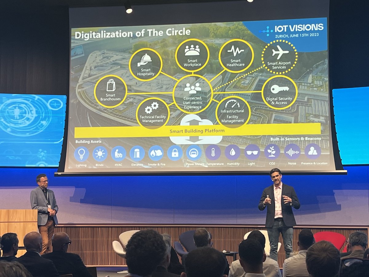 iotbhub's tweet photo. "The Circle, the big hub at Zurich Airport is new born" Aurelien Goutorbe from Microsoft and Wouter Kok from bGrid explain how IoT has been incorporated into the hub and how the data can be used.

#innovation #conference #technology #iotvisions2023 #iotvisions #microsoft https://t.co/FKvWrcSJuf