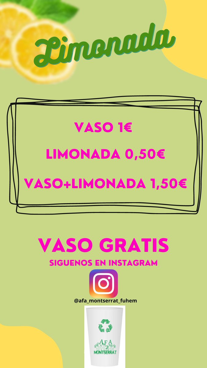 Traed el vaso del AFA para probar nuestra tradicional limonada 📷. Si todavía no tenéis nuestro vaso, seguidnos en Instagram @afa_montserrat_fuhem y os lo regalamos. NOS VEMOS... Viernes 16 a partir de las 19.00h!