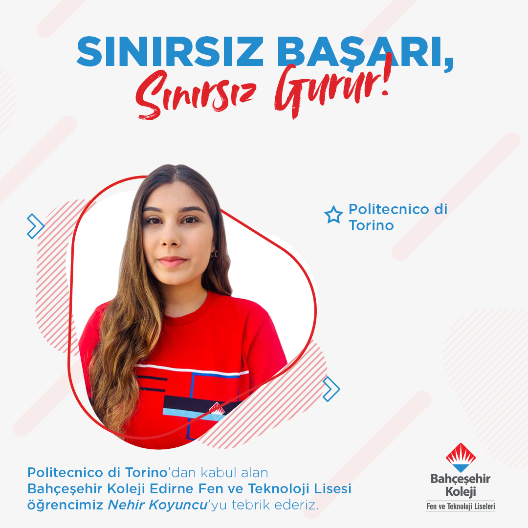 Bahcesehir22's tweet photo. 👏🏼 Tebrikler Nehir!

Fen ve Teknoloji Lisesi öğrencimiz Nehir Koyuncu, Politecnico di Torino'dan Bilgisayar Mühendisliği bölümüne kabul aldı. ✨

Yolun açık olsun Nehir ❤️💙

#bahçeşehirkoleji
#SınırsızBaşarıSınırsızGurur https://t.co/1TJzoJ9v2n