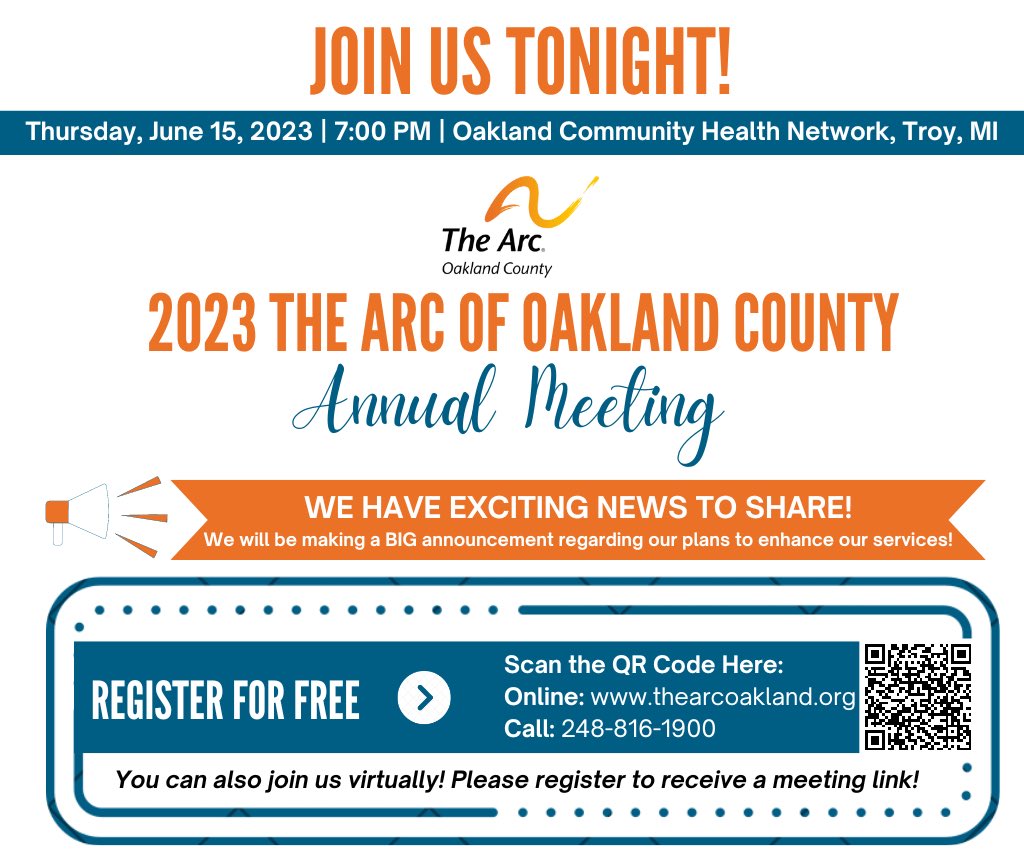 The Arc of Oakland County’s Annual Meeting is tonight! It’s not too late to register to attend in person or join us virtually! 

app.etapestry.com/onlineforms/Th…
 
#TheArc #TheArcofOaklandCounty #AnnualMeeting #AchieveWithUs